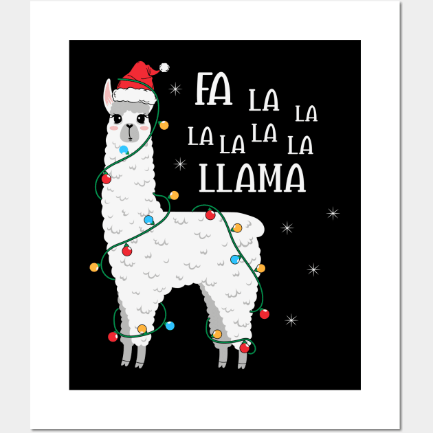 Fa La La La Llama Christmas Tree Funny Llama Santa Christmas Lights Gift Wall Art by BadDesignCo